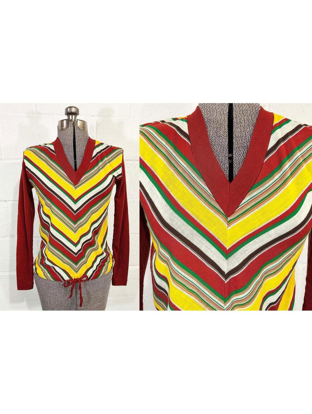 Vintage Chevron Knit Sweater Rainbow Long Sleeved Helen Sue 1970s Small XS
